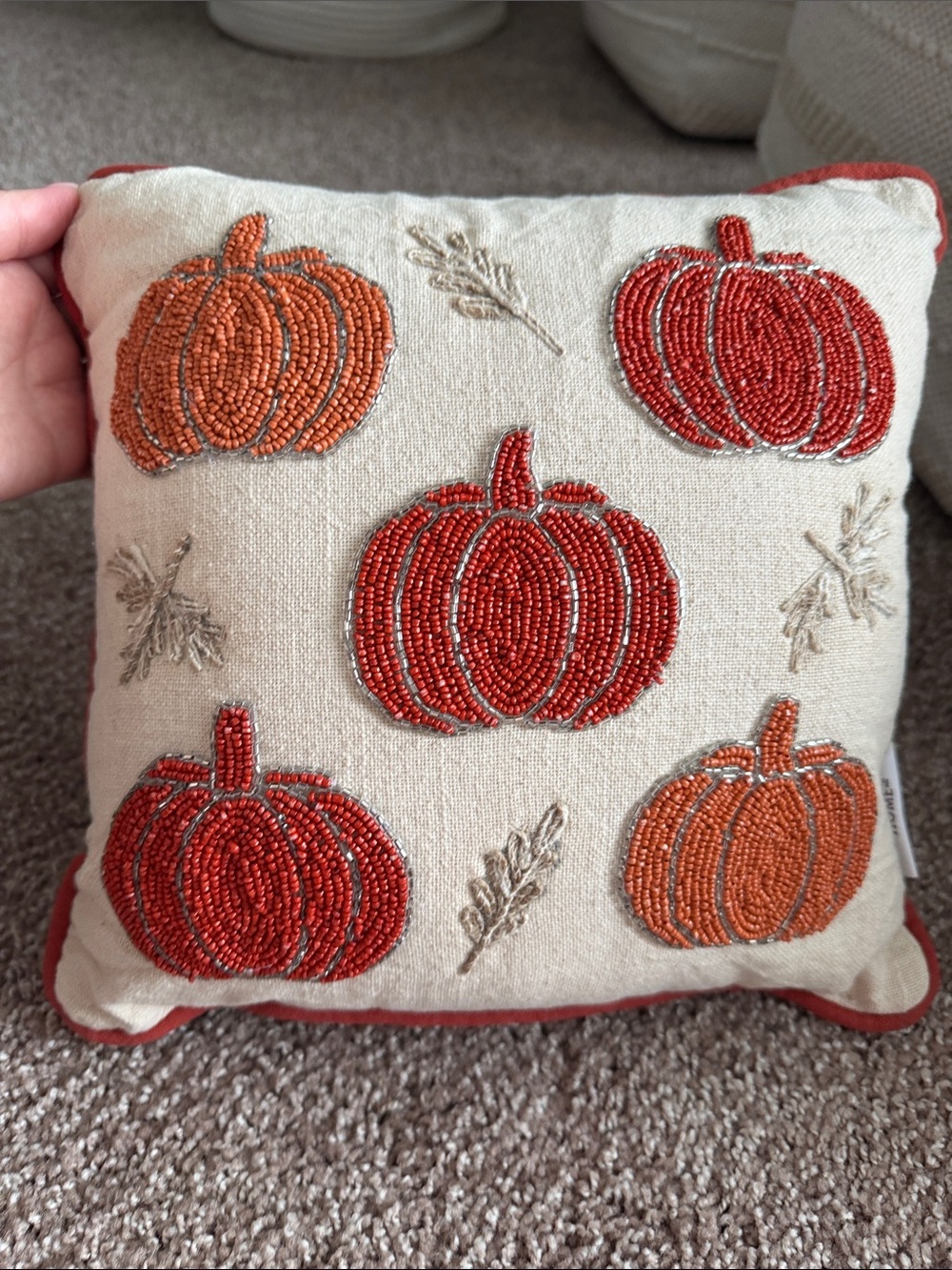 Beaded Pumpkin Accent Pillow - Red & Orange on Cream
